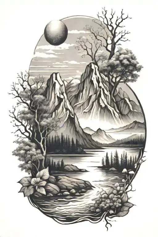 Nature Sleeve Tattoo With A Mountain And Lake