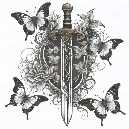 Cracked Excalibur Sword With Butterflies Surrounding It And Background Shading
