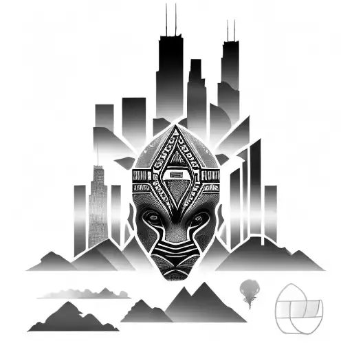 African Tribal Sunrise Integrated With The Chicago Skyline Technology And Binary Coding