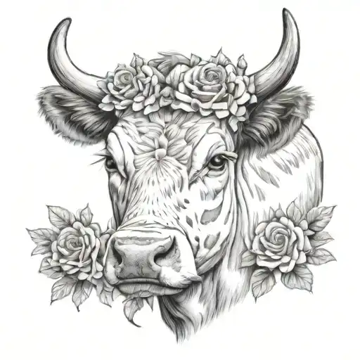 A Realistic Portrait Of A Cow With A Floral Crown