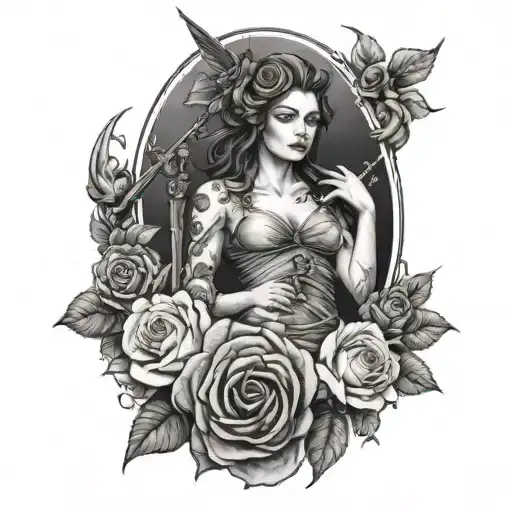 Goddess Of War With Wilting Rose Surrounded With Death And Rain