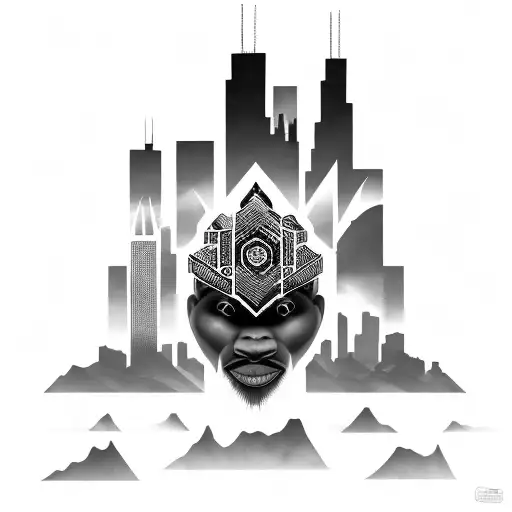 African Tribal Sunrise Integrated With The Chicago Skyline Technology And Binary Coding