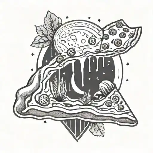 A Geometric Design Of A Pizza Slice With A Moon And Nature Elements Incorporated