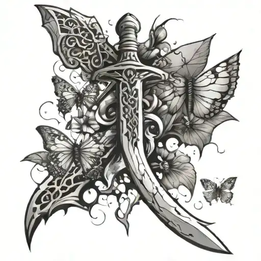 Cracked Excalibur Sword With Butterflies Surrounding It And Background Shading