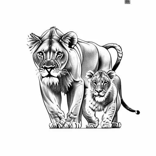 Lioness And Cub With Sunflower