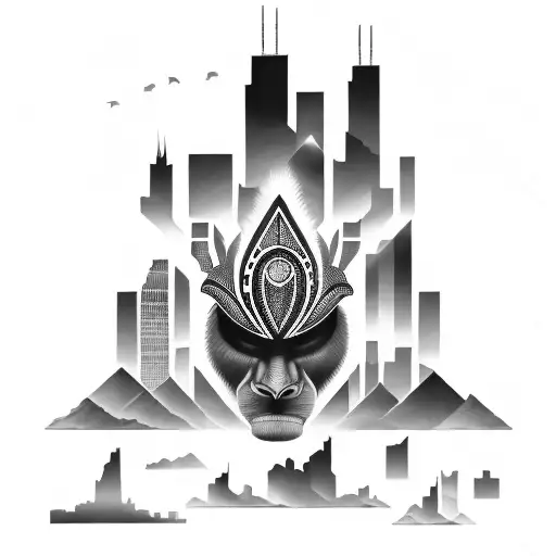 African Tribal Sunrise Integrated With The Chicago Skyline Technology And Binary Coding