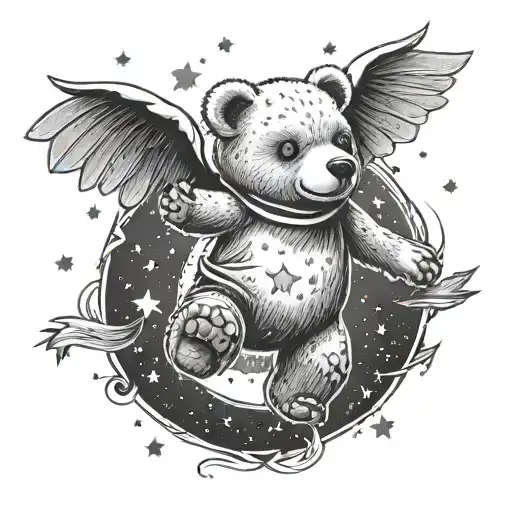 Teddy Bear Flying Into Hevens Gates Sky Filled With Stars