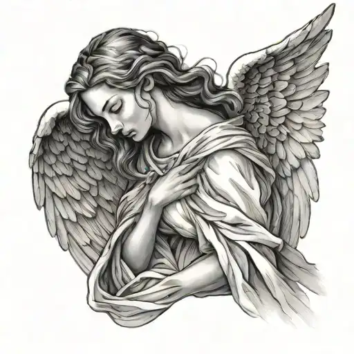 Female Angel Looking Down From Heaven In A Wrinkly Garment