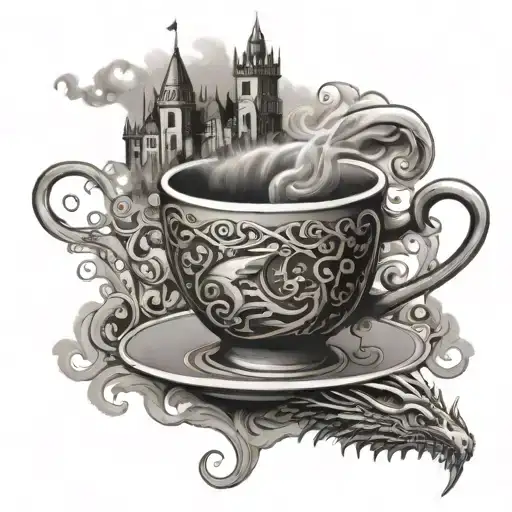 A Steaming Coffee Cup With Intricate Steam Patterns Forming A Dragon Flying Over A Medieval Castle