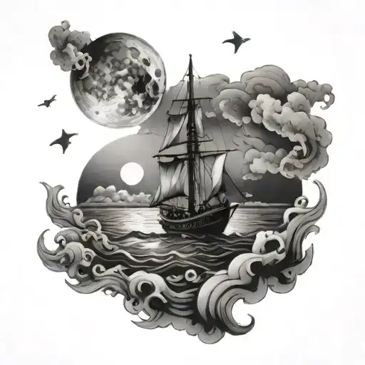 A Celestial Scene Of A Moonlit Night On The Sea With A Yacht In The Background