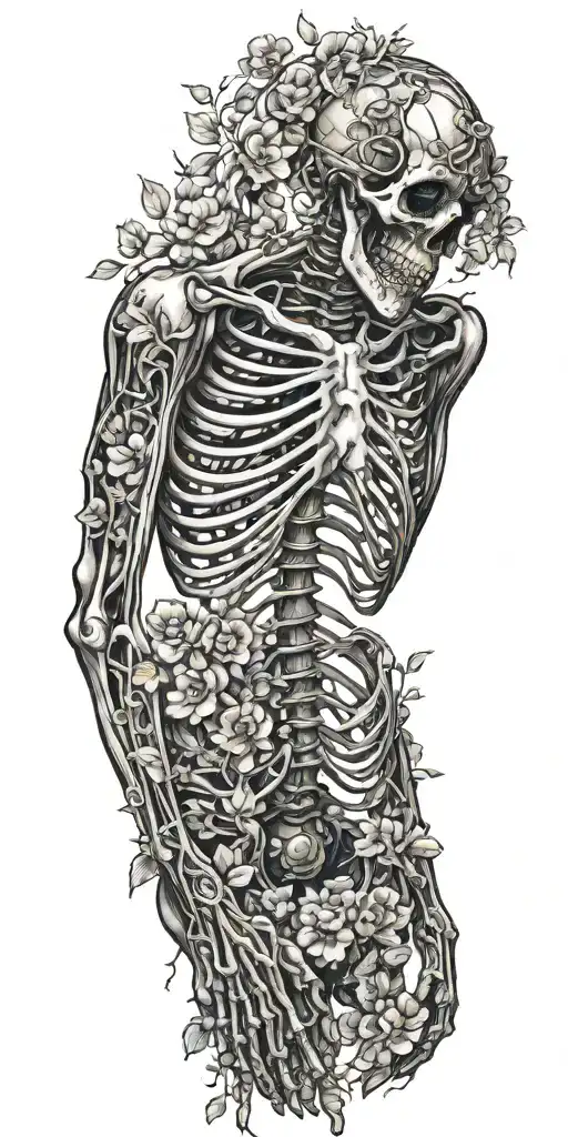 A Full Skeleton With Ribs Arms Legs Wrapped In Vines And Flowers