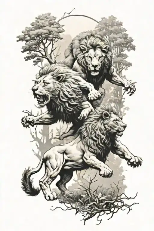 A Majestic Lion And Bear Hunting Together In A Forest Scene