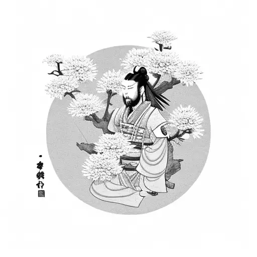 A Black-grey Tattoo Of A Samurai Warrior Meditating Under A Blooming Japanese Chrysanthemum Tree