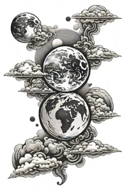 Earth And Moon Surrounded By Clouds