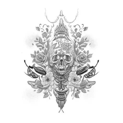A Black-grey Tattoo Of A Doctor's Coat Adorned With Intricate Floral Patterns