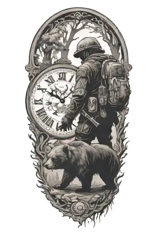 A Soldier Silhouette Facing Off Against A Bear In A Forest Of Clocks
