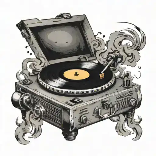 Create A Turntable With Spinning Vinyl Records Surrounded By Smoke And Music Notes