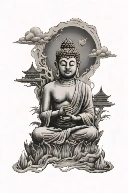 Burning Buddha With A Town In The Background