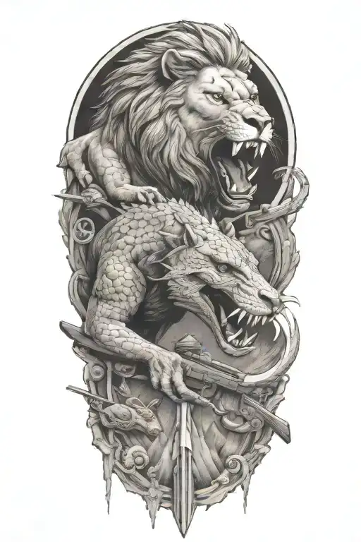 A Lion And Alligator Engaged In A Battle With Guns In A Mountain Range