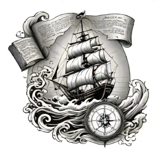 An Open Bible With A Military Ship With Sails Navigating Through Treacherous Waters And A Compass
