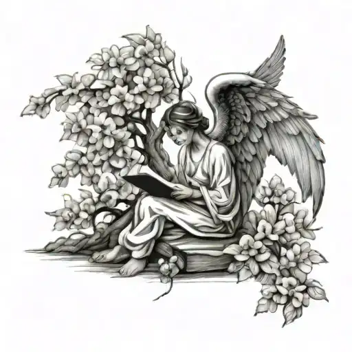 An Elegant Angel Reading A Book Under A Tree Filled With Blossoms