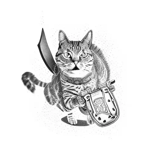 A Dotwork Tattoo Of A Cat Leaping Through Flames With A Firefighter's Axe