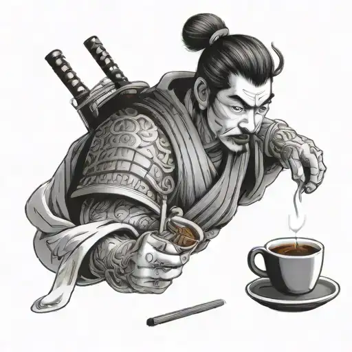 A Samurai Warrior Drinking A Cup Of Coffee In A Traditional Japanese Tea Ceremony Setting