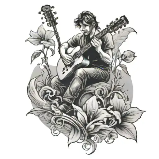 A Tattoo Design Featuring A Guitarist Playing Music In A Serene Nature Setting