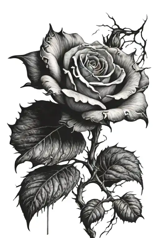 A Realistic Black And Grey Tattoo Of A Decaying Rose With Therror Elements Intertwined