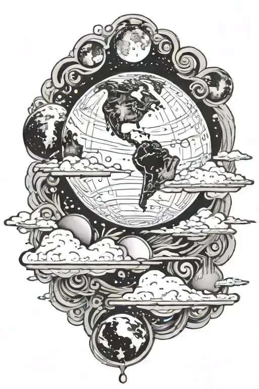 Earth And Moon Surrounded By Clouds Surrounding