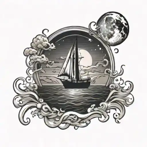 A Celestial Scene Of A Moonlit Night On The Sea With A Yacht In The Background