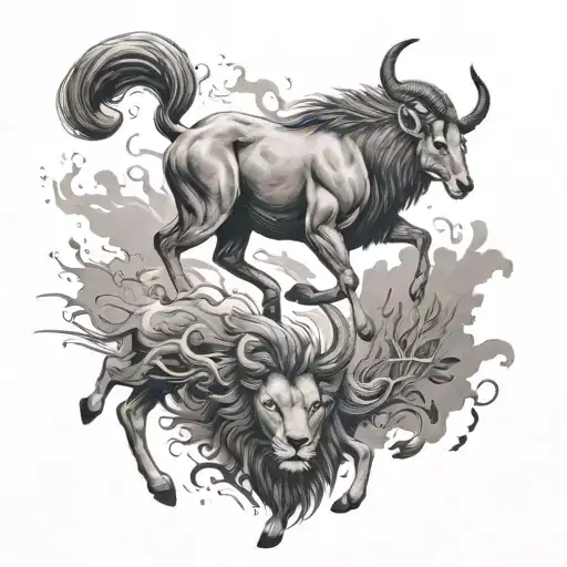 A Black-grey Tattoo Of An Antelope Running Away From A Lion In A Dramatic Chase Scene
