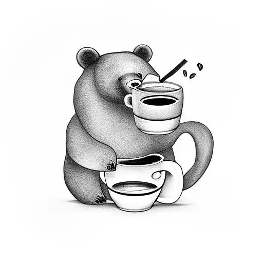 A Realistic Black And Grey Tattoo Of A Bear Sipping Coffee From A Mug