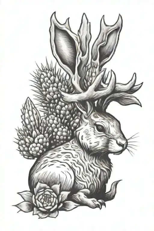 Jackalope Sitting Next To A Cactus