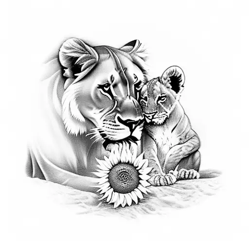 Lioness And Cub With Sunflower
