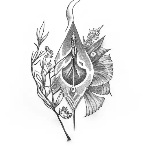 A Black-grey Tattoo Featuring A Dagger Piercing Through A Delicate Plant