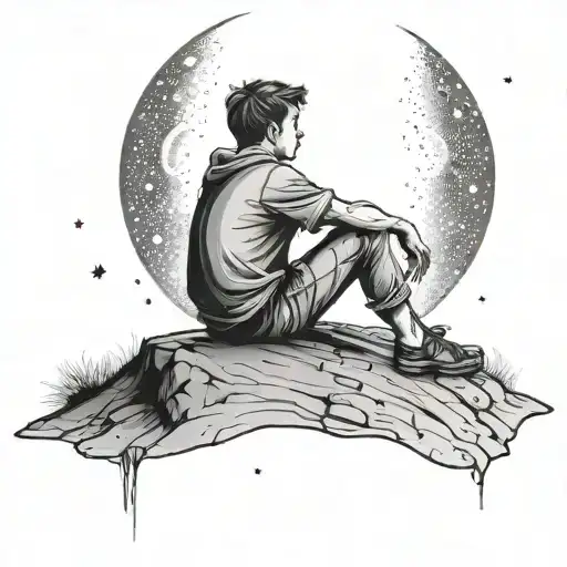Boy Sitting On A Hill Looking At Stars And Moon As A Symbol Of Lonliness