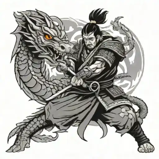 An Anime-inspired Samurai Warrior Battling A Dragon In A Traditional Japanese Setting