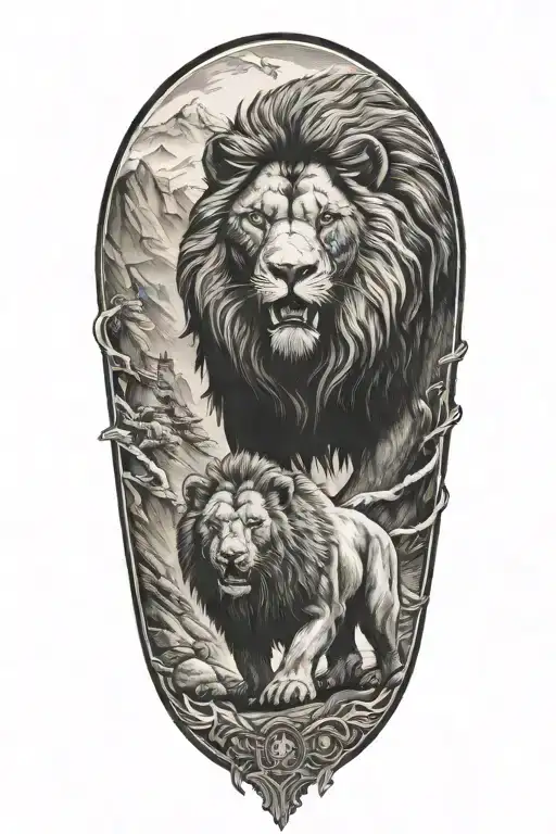 A Fierce Lion Engaged In A Gunfight With A Bear In A Mountainous Landscape