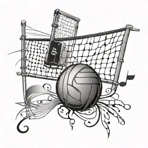 A Black-grey Tattoo Of A Volleyball Net With Music Notes Intertwined In The Design