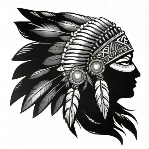 A Native American Headress Pattern Incorporating Shark Teeth And Feathers In A Black And Grey Style
