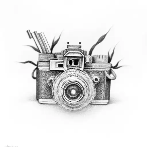 Create A Detailed Black And Grey Tattoo Of A Camera Surrounded By Intricate Insect Illustrations