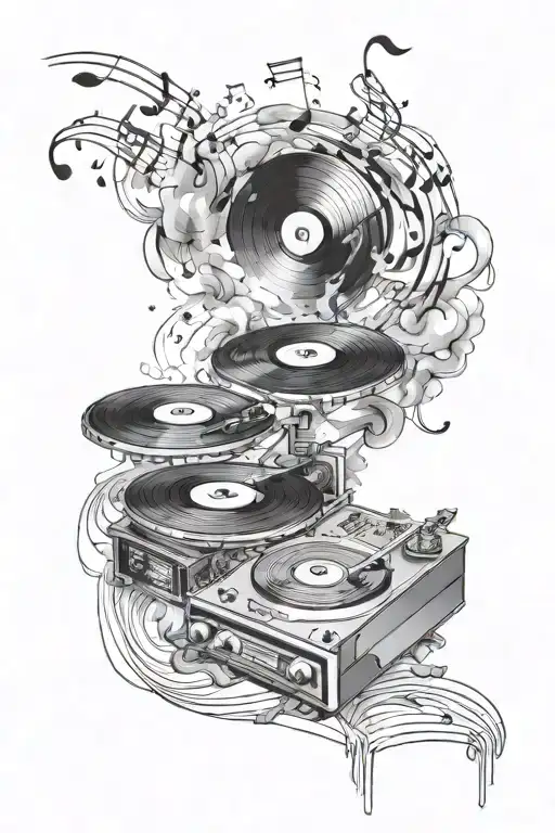 Create A Turntable With Spinning Vinyl Records Surrounded By Smoke And Music Notes