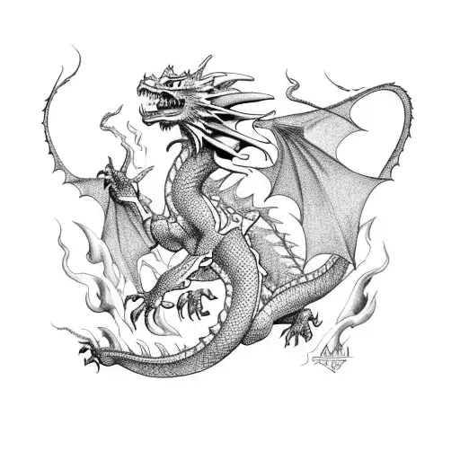 Dragon Breathing Fire In Black-grey Style
