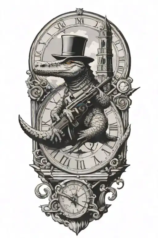 An Alligator Wielding A Gun In A Clock Tower Setting