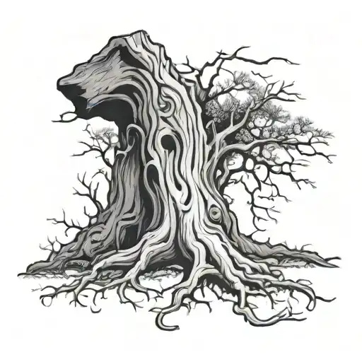 A Detailed Axe Embedded In A Tree Trunk With Roots Reaching Out