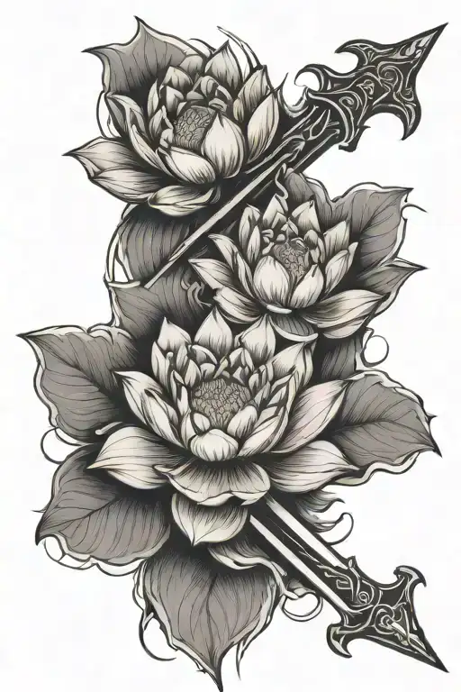Two Swords Next To Eachother Going Threw A Lotus Flower