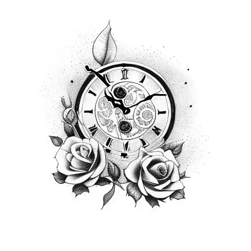 A Clock With Roses And Around It And Butterflies On Top With A Raven