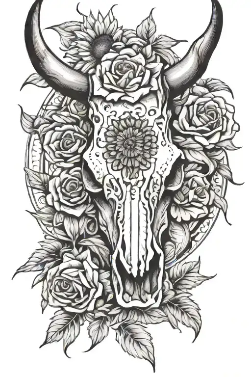 Cow Skull Sunflowers Roses Intertwined