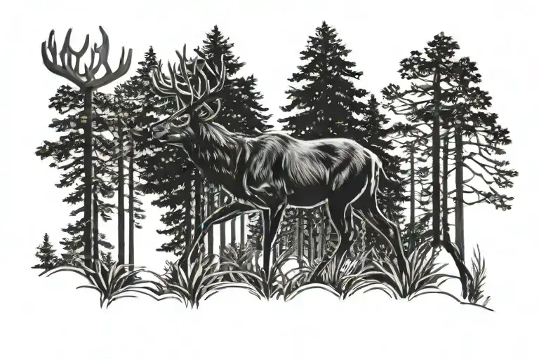 A Stag Walking Through A Dense Pine Forest